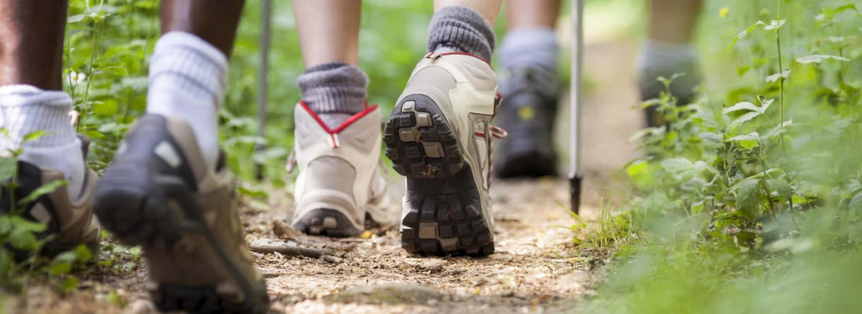 Gros plan sur les chaussures d'un groupe de randonneurs en marche.